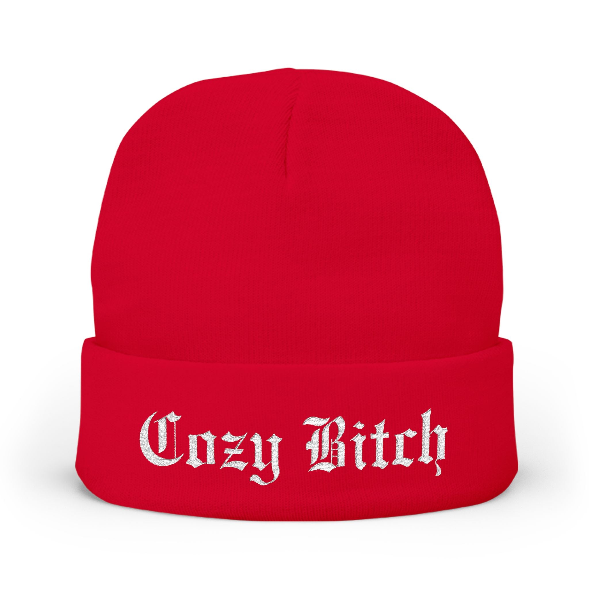 Cozy Bitch Knit Beanie — Embroidered Gothic Script Winter Hat