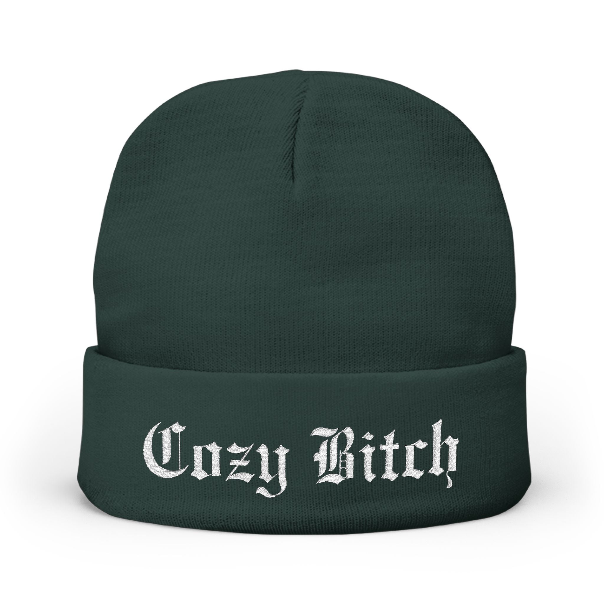 Cozy Bitch Knit Beanie — Embroidered Gothic Script Winter Hat