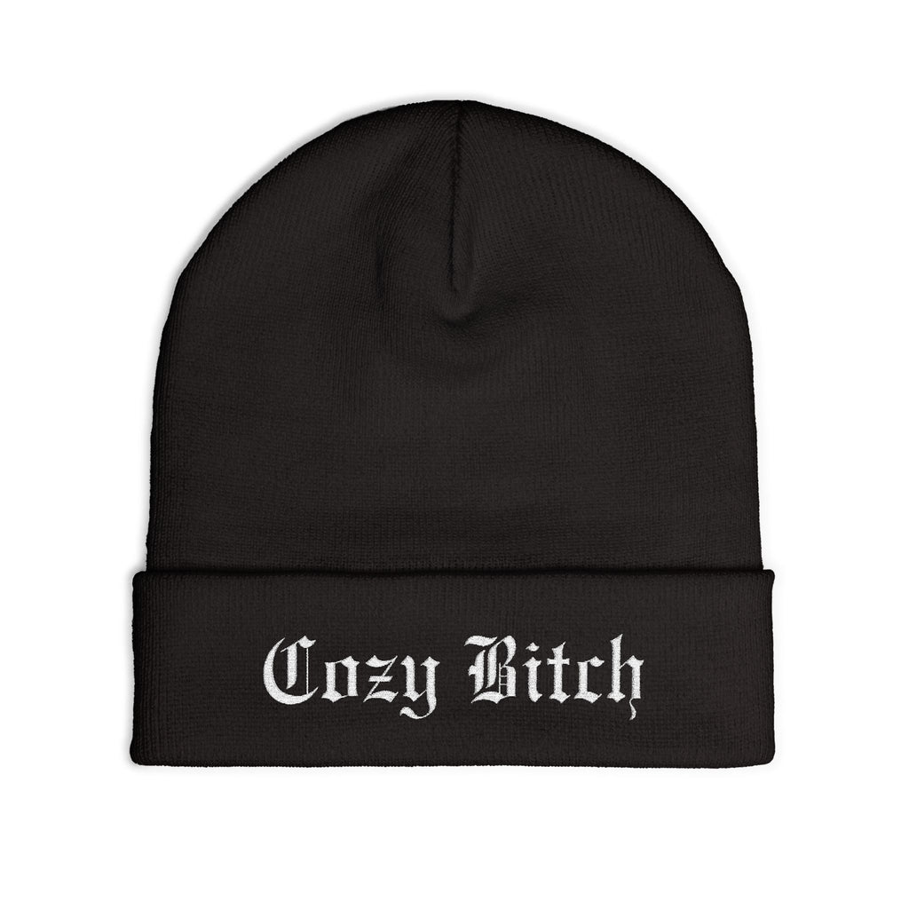Cozy Bitch Knit Beanie — Embroidered Gothic Script Winter Hat