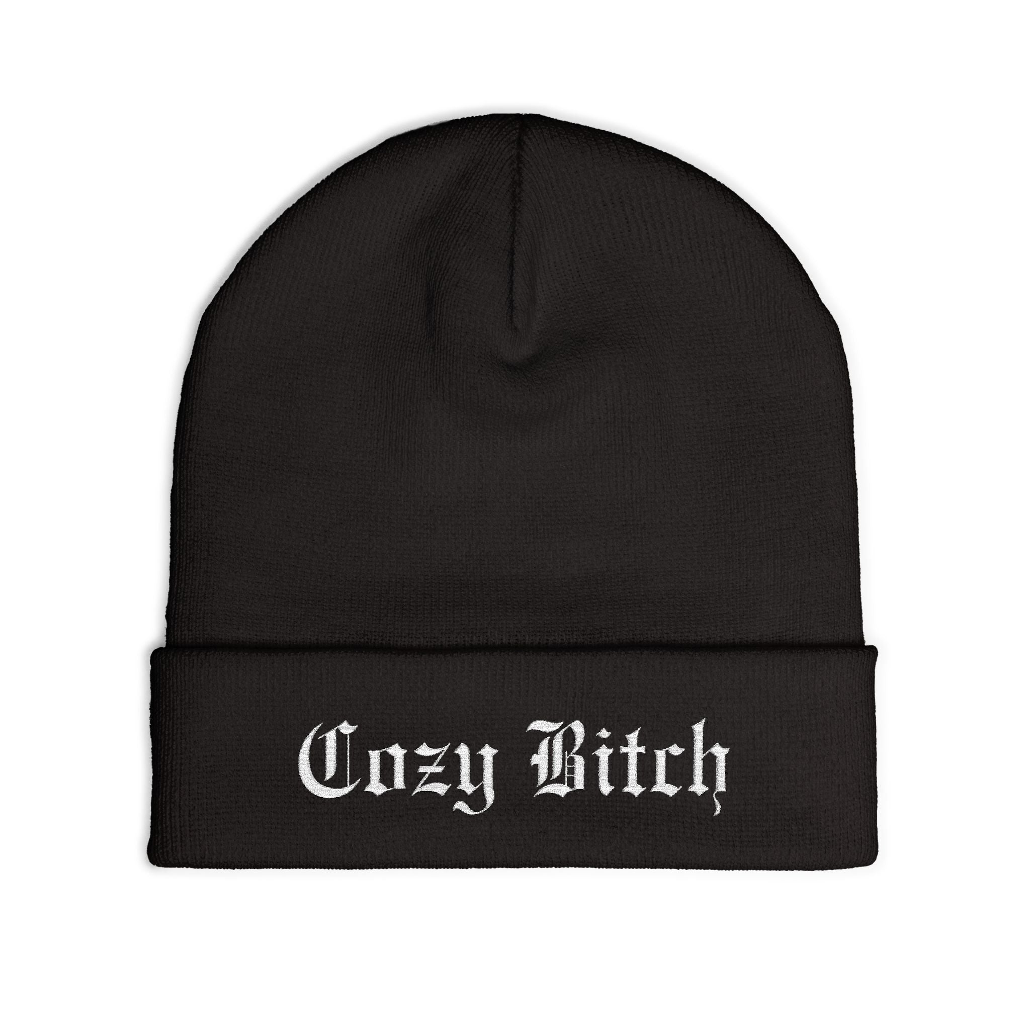 Cozy Bitch Knit Beanie — Embroidered Gothic Script Winter Hat