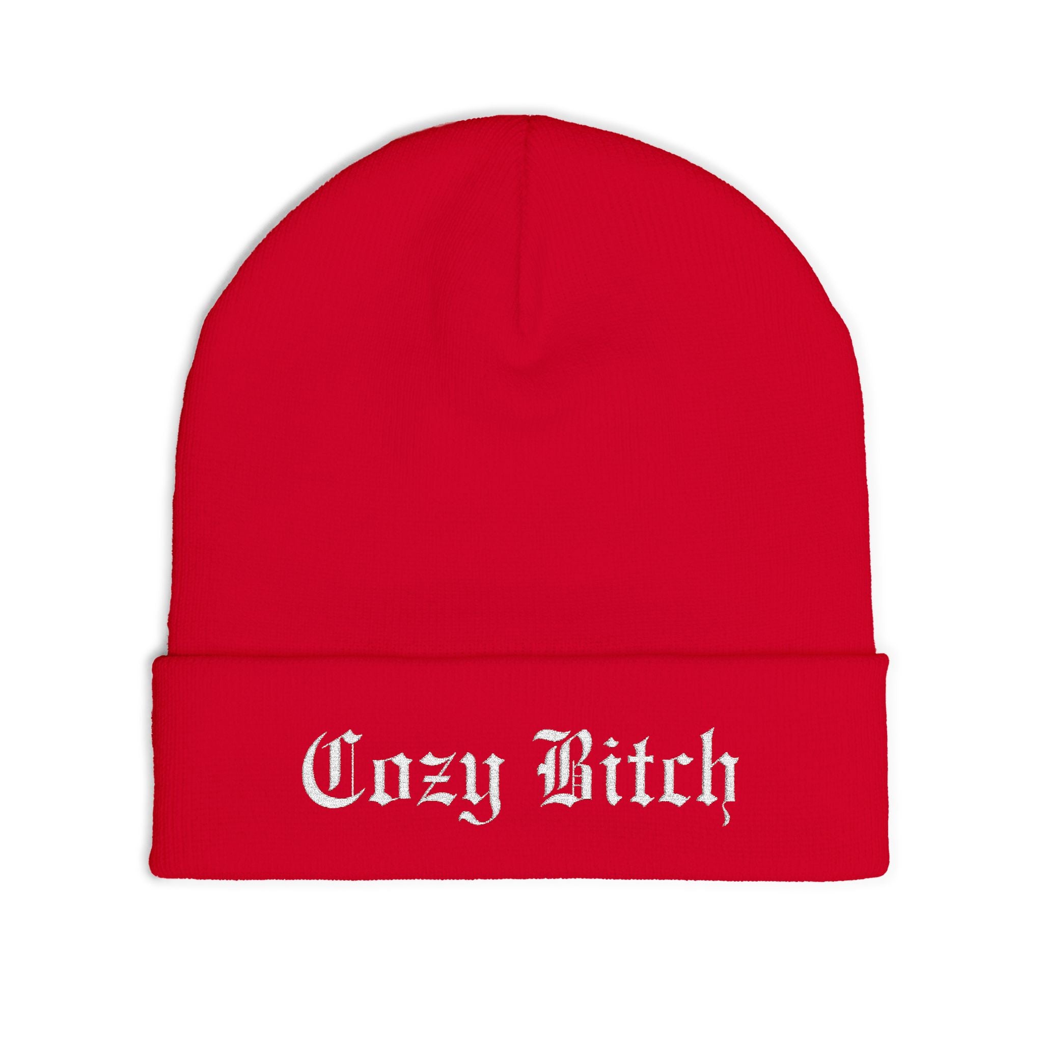 Cozy Bitch Knit Beanie — Embroidered Gothic Script Winter Hat