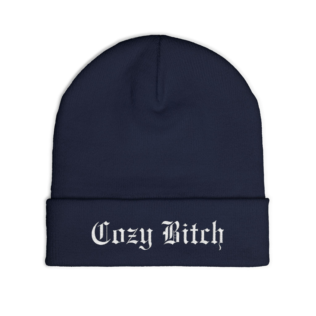 Cozy Bitch Knit Beanie — Embroidered Gothic Script Winter Hat