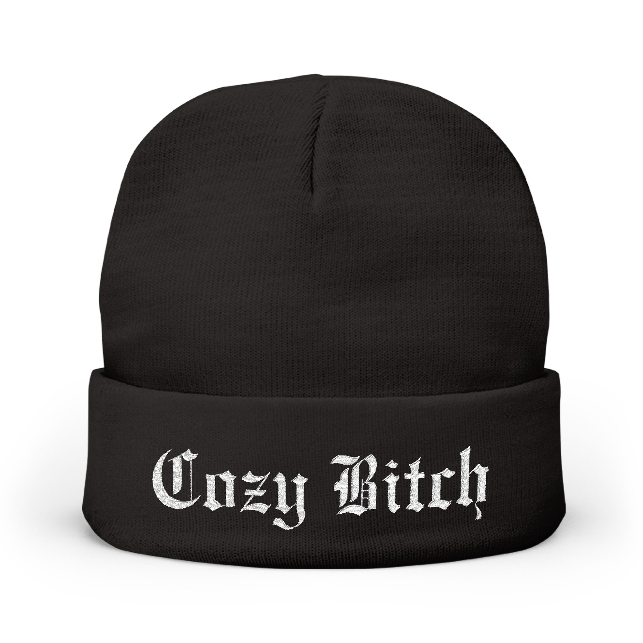 Cozy Bitch Knit Beanie — Embroidered Gothic Script Winter Hat