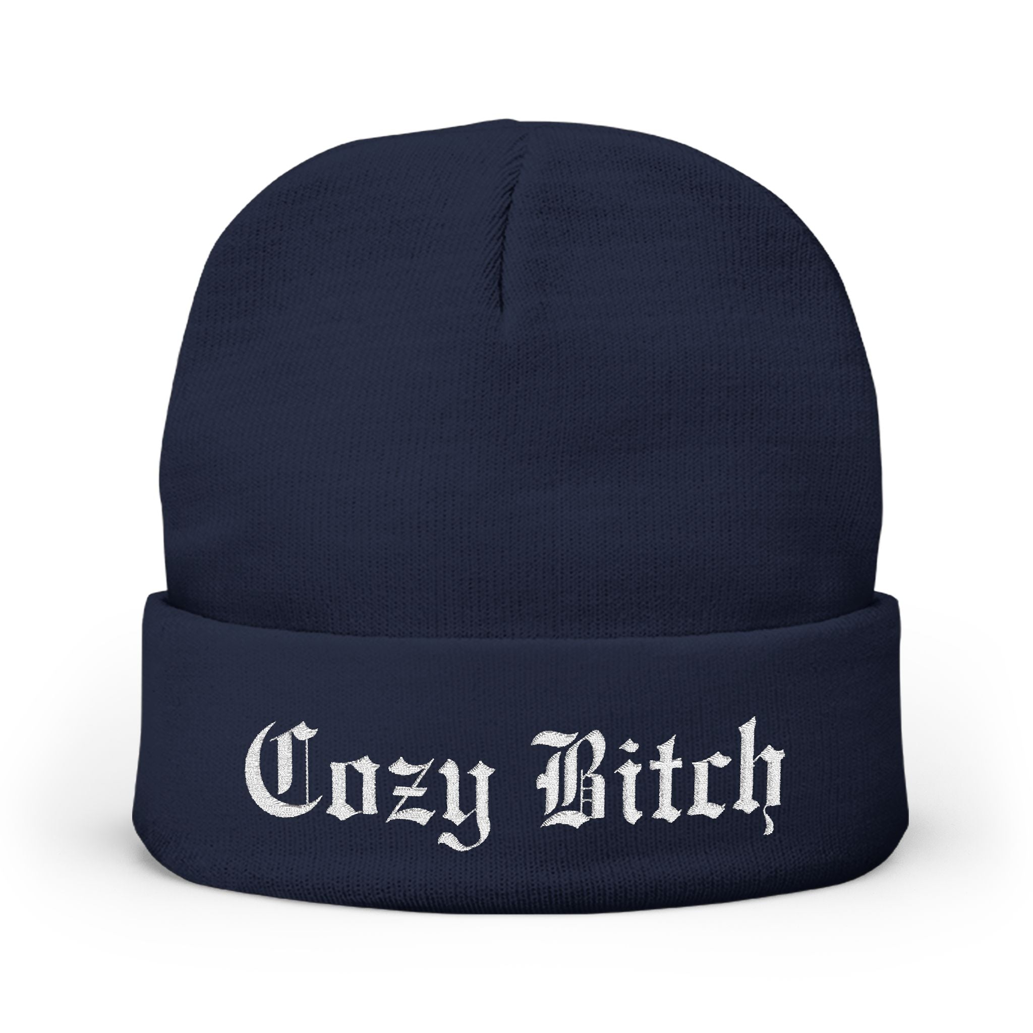 Cozy Bitch Knit Beanie — Embroidered Gothic Script Winter Hat
